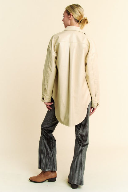 Beige Faux Leather Button Up Jacket with Chest Pockets - Tigbul's Variety Fashion Shop