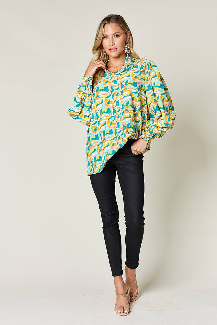 Double Take Full Size Printed Smocked Long Sleeve Blouse - Tigbul's Variety Fashion Shop