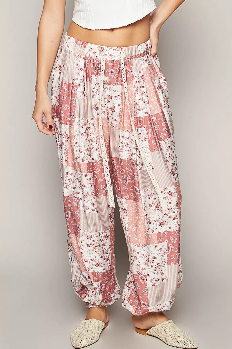 POL Drawstring Floral Patchwork Wide leg Pants - Tigbul's Variety Fashion Shop
