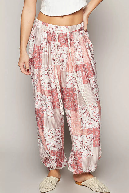 POL Drawstring Floral Patchwork Wide leg Pants - Tigbul's Variety Fashion Shop