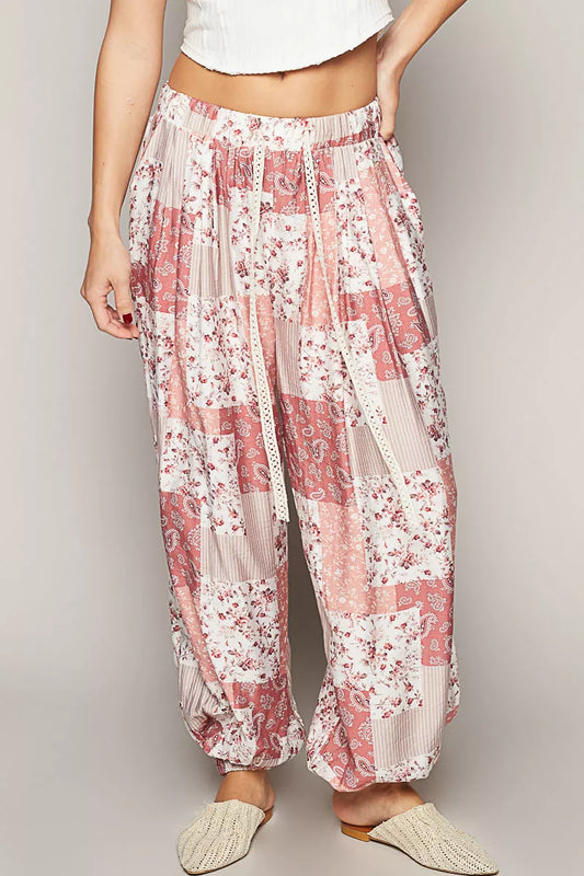 POL Drawstring Floral Patchwork Wide leg Pants - Tigbul's Variety Fashion Shop