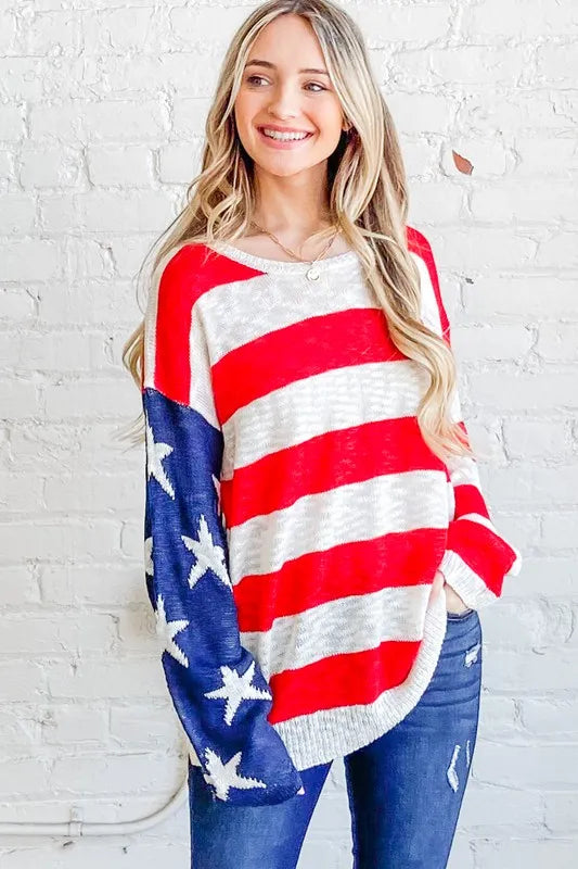 Red/Navy American Flag Long Sleeve Sweater - Tigbul's Variety Fashion Shop