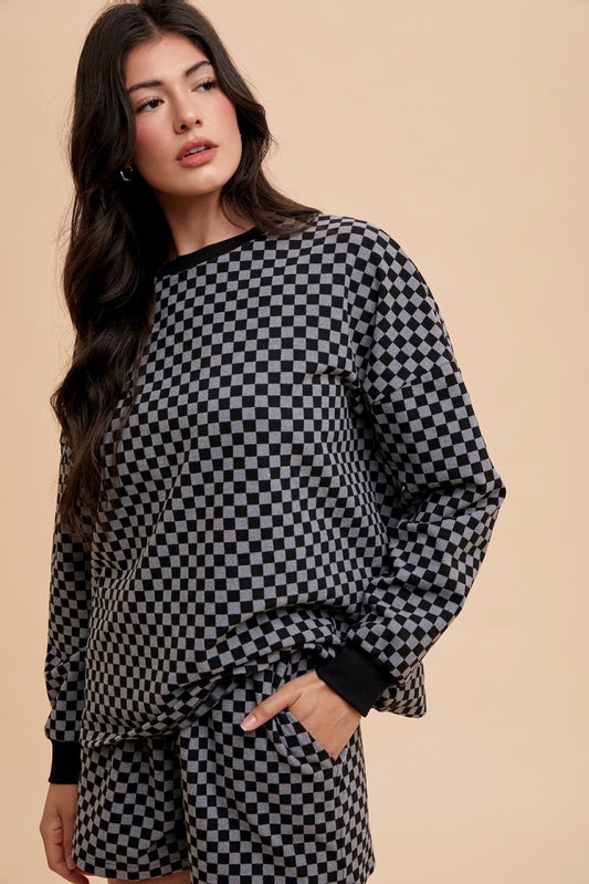 Black Checkered Round Neck Top and Drawstring Shorts Set - Tigbul's Variety Fashion Shop