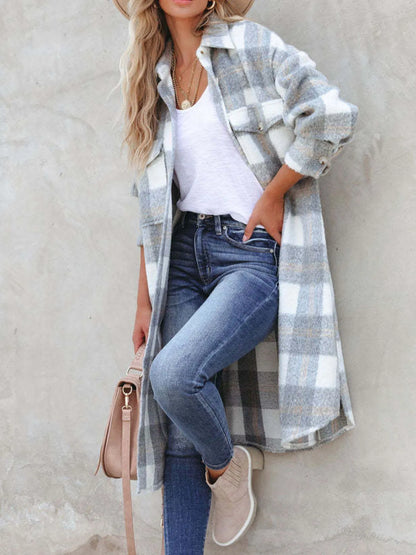 Oversized Plaid Button Up Longline Jacket - Tigbul's Variety Fashion Shop