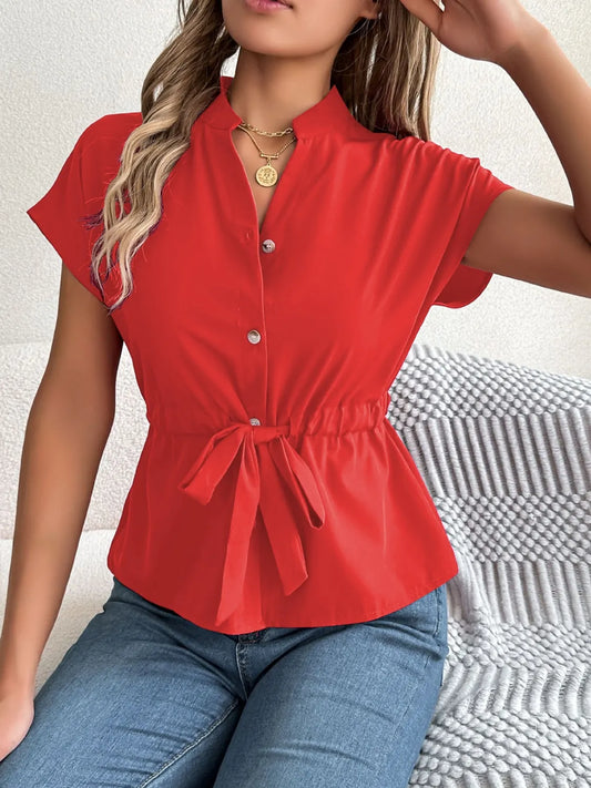 Notched Short Sleeve Blouse - Tigbul's Variety Fashion Shop