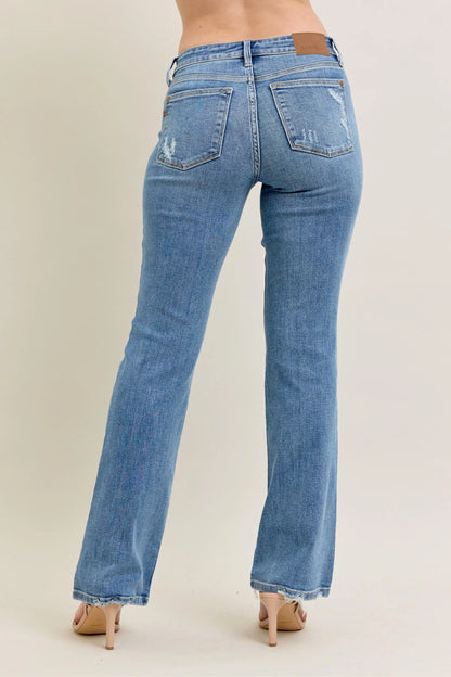 Judy Blue Full Size Mid Rise Wash Destroy Hem Bootcut Jeans Plus Size - Tigbul's Variety Fashion Shop