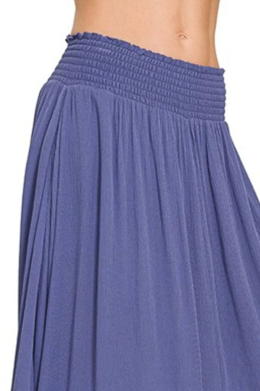 Woven Crinkle Smocked Waist Maxi Skirt W Pockets - Tigbul's Variety Fashion Shop
