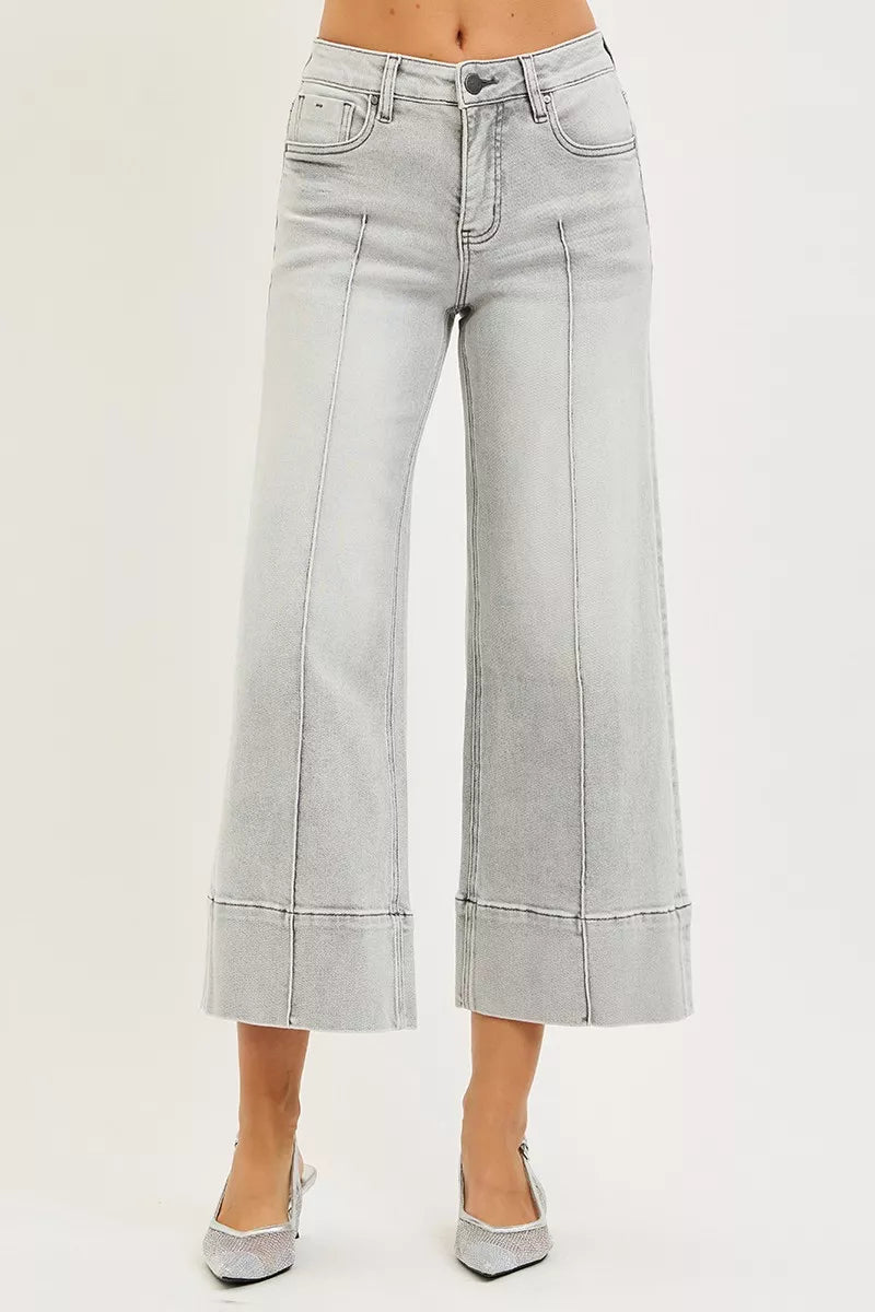 Tummy Control Mid Rise Crop Wide Leg Light Gray Jeans - Tigbul's Variety Fashion Shop