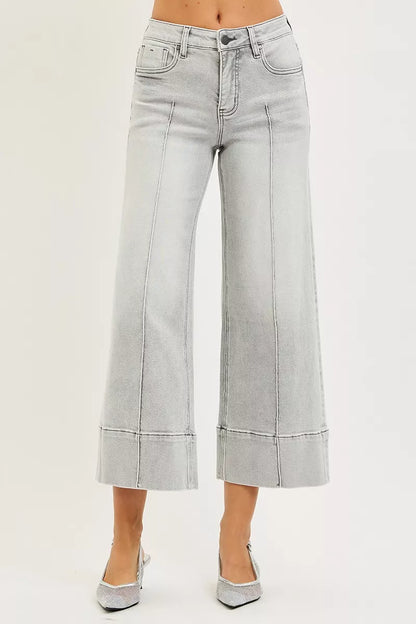 Tummy Control Mid Rise Crop Wide Leg Light Gray Jeans - Tigbul's Variety Fashion Shop