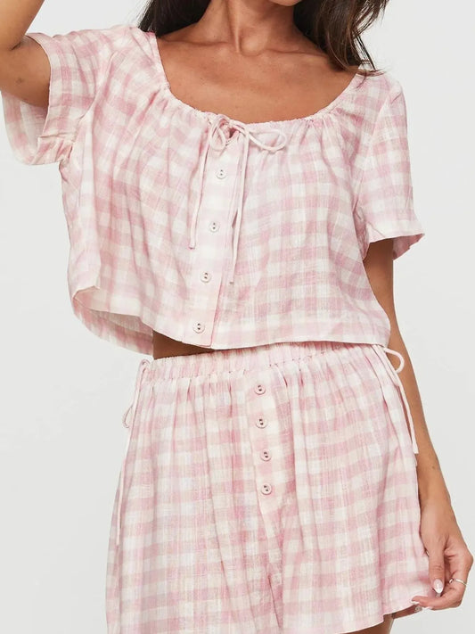 Gingham Check Top and Shorts Two-Piece Casual Set - Tigbul's Variety Fashion Shop