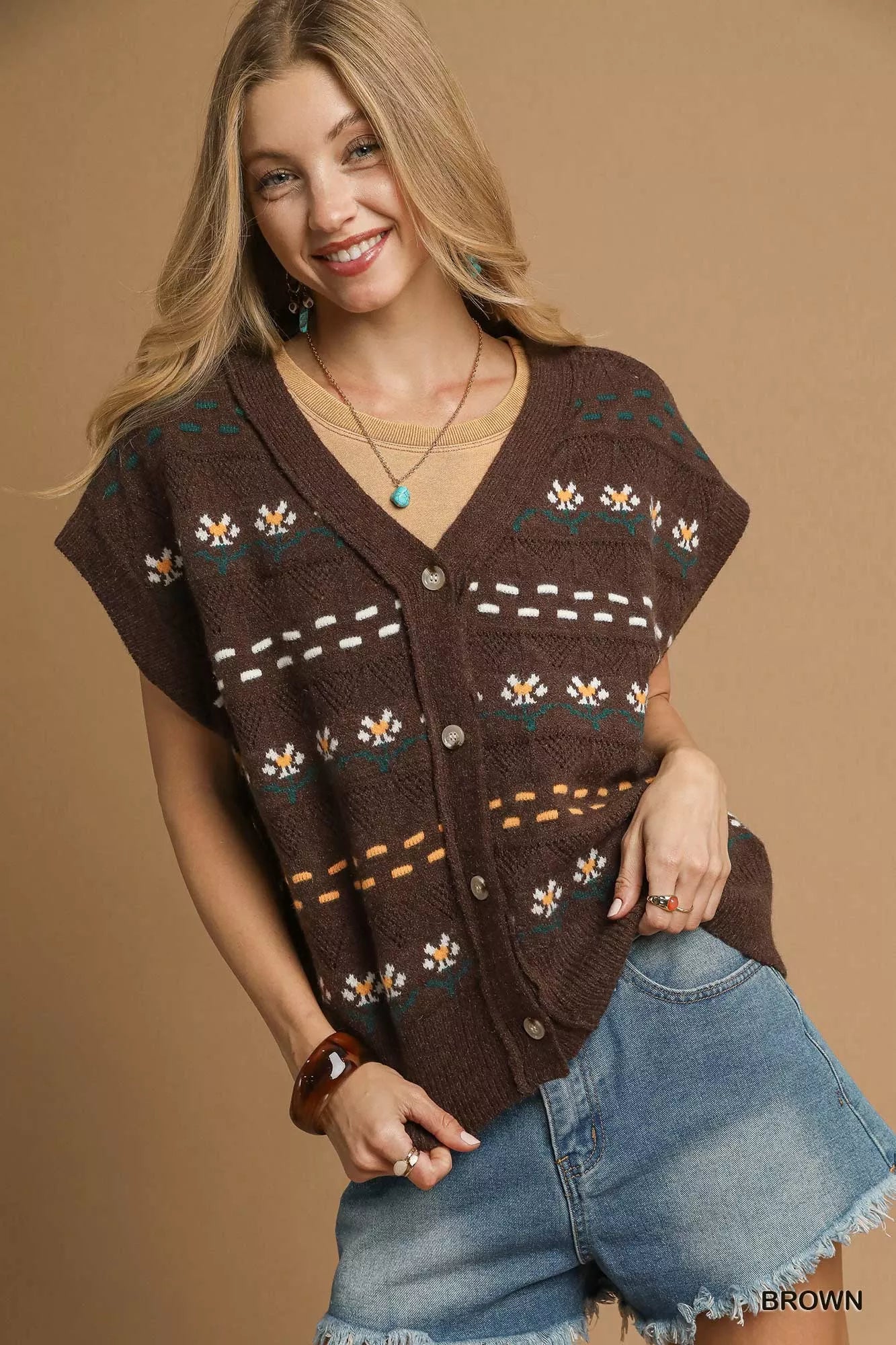 Umgee Button-Down Knit Vest with Floral Pattern - Tigbul's Variety Fashion Shop