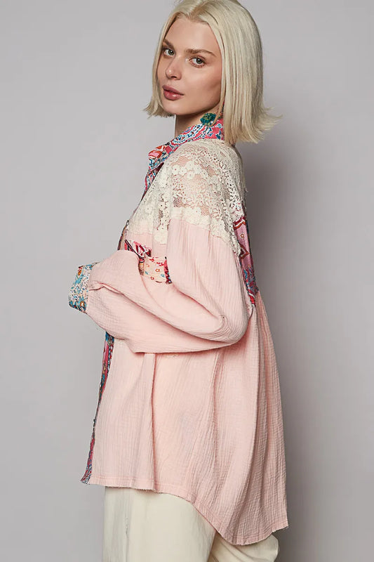 POL Lace Patchwork Floral Trim Long Sleeve Shirt - Tigbul's Variety Fashion Shop