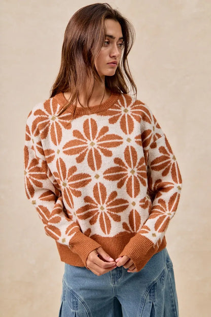 BiBi Flower Pattern Long Sleeve Sweater - Tigbul's Variety Fashion Shop