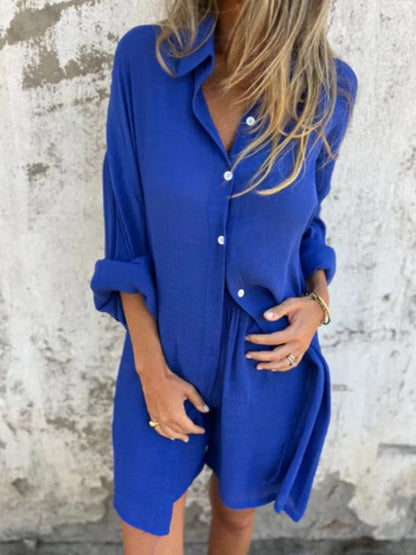 Pocketed Collared Neck Shirt and Shorts Set - Tigbul's Variety Fashion Shop