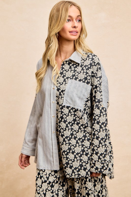 Herrenhemdartiges Mixshirt mit grauer Streifenseite, schwarzem Blumenmuster und Brusttasche
