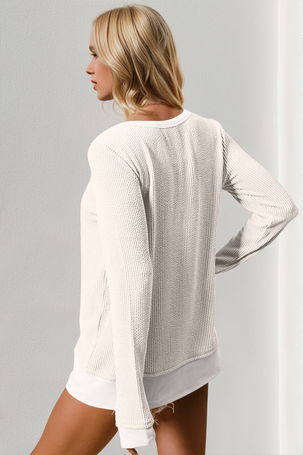 Double Take Corded Rib Thumbhole Cuff Round Neck T-Shirt - Tigbul's Variety Fashion Shop