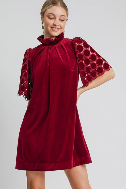 Umgee Dotted Lace Half Sleeve Mock Neck Back Tie Velvet Dress - Tigbul's Variety Fashion Shop