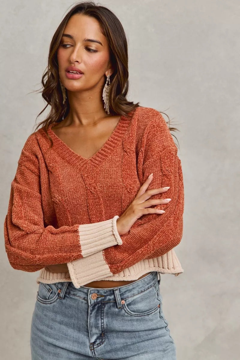 Rust chenille cable-knit V-neck cropped sweater with ribbed contrast waist panel