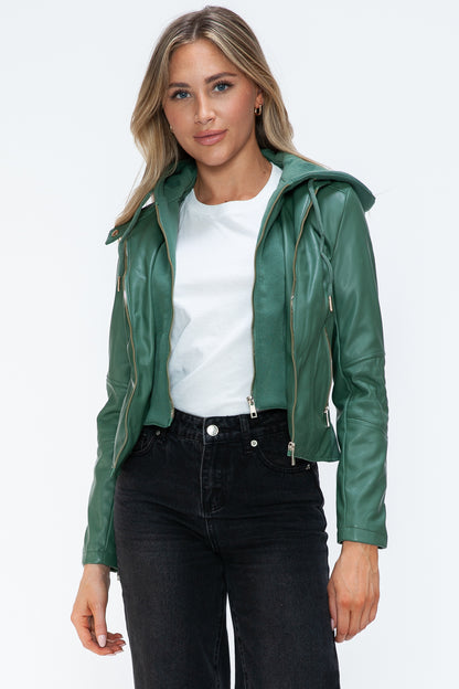 Faux Leather Zip Up Drawstring Hooded Jacket in Sage Green