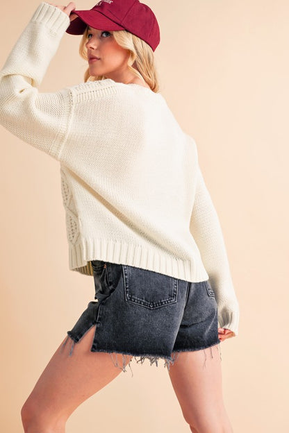 Contrast Number Cable Knit Drop Shoulder Sweater - Tigbul's Variety Fashion Shop