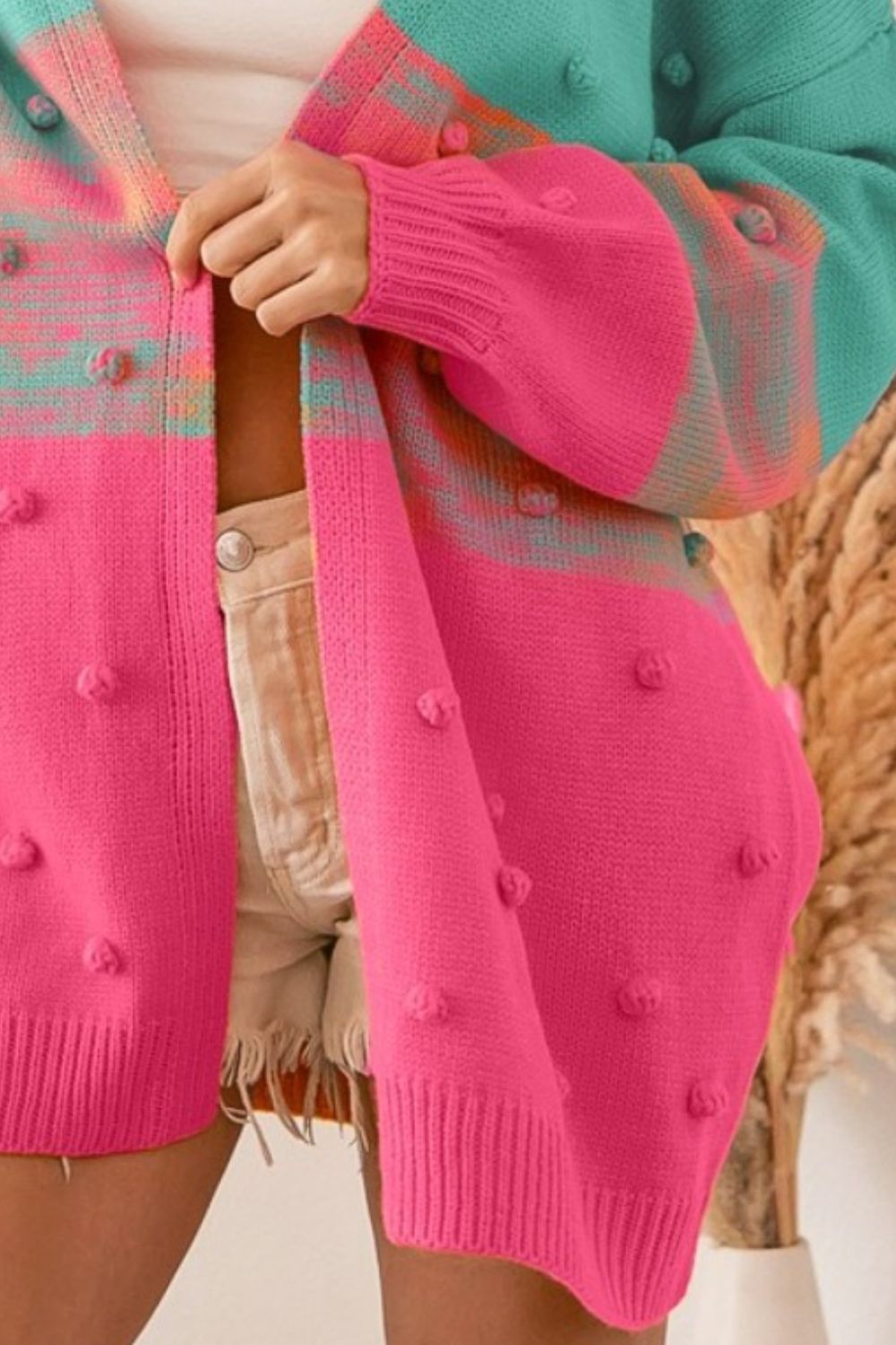 Pink/Turquoise Color Block Pom Pom Sweater Cardigan | Tigbuls