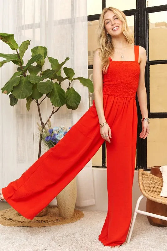 Red Full Size Smocking Top Wide Leg Jumpsuit Plus Size - Tigbul's Variety Fashion Shop