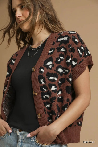 Umgee Leopard Button Down Short Sleeve Cardigan - Tigbul's Variety Fashion Shop