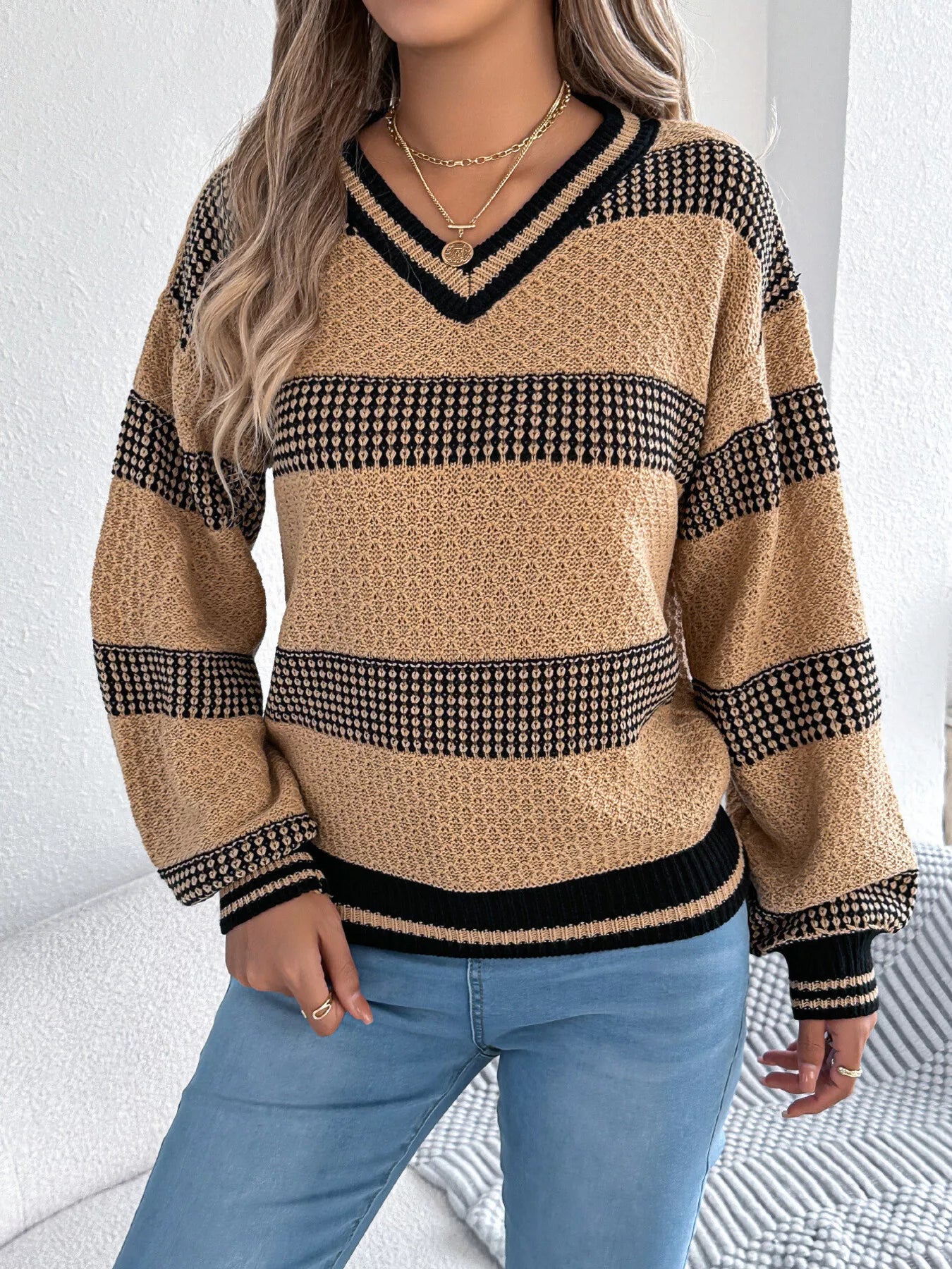 Contrast Striped V-Neck Sweater - Tigbul's Variety Fashion Shop