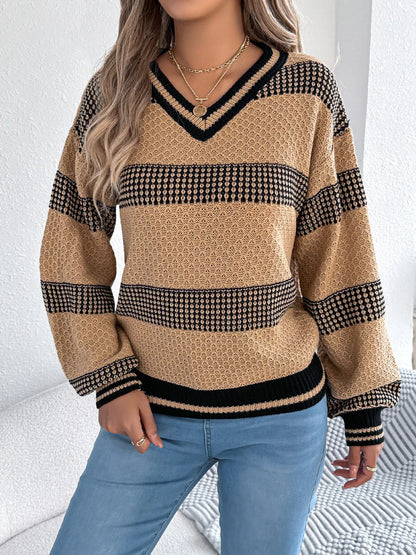 Contrast Striped V-Neck Sweater - Tigbul's Variety Fashion Shop