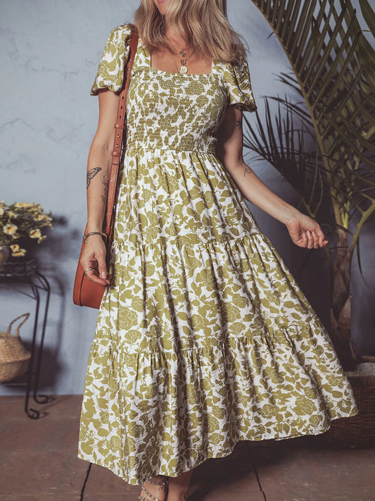 Boho Floral Square Neck Smocked Bust Puff Sleeve Tiered Dress - Tigbul's Variety Fashion Shop