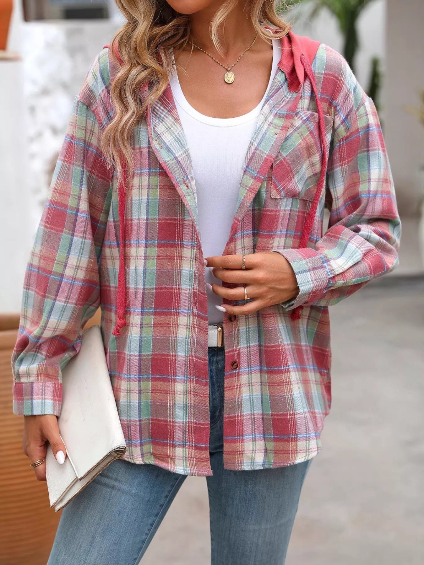 Hooded Plaid Button-Up Shirt - Tigbul's Variety Fashion Shop