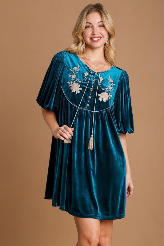 Umgee Embroidered Half Sleeve Velvet Mini Dress with Tassel - Tigbul's Variety Fashion Shop