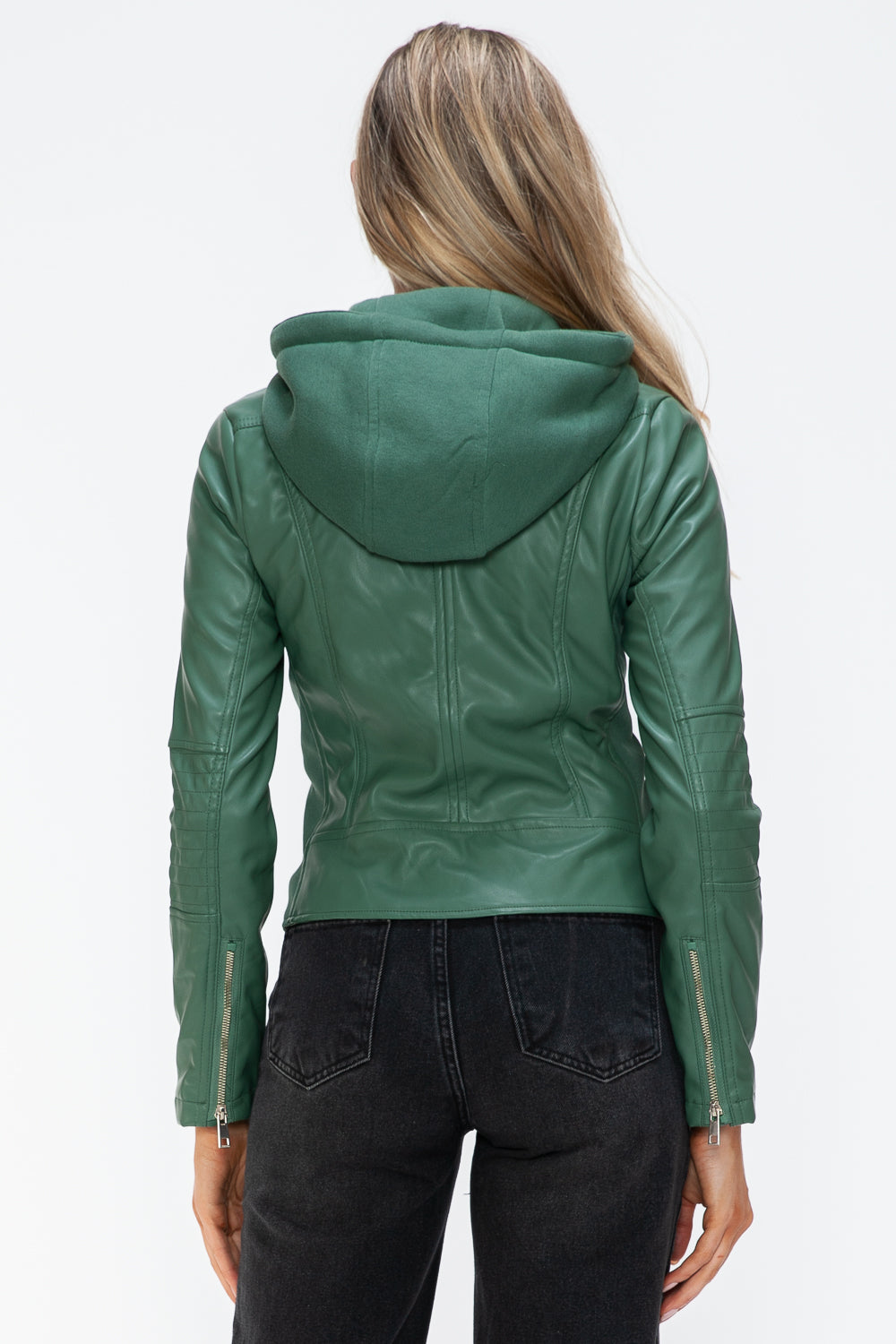 Faux Leather Zip Up Drawstring Hooded Jacket in Sage Green