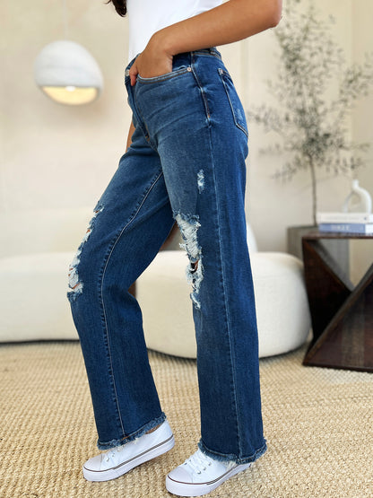 Judy Blue Full Size Mid Rise Distressed Raw Hem Jeans - Tigbul's Variety Fashion Shop