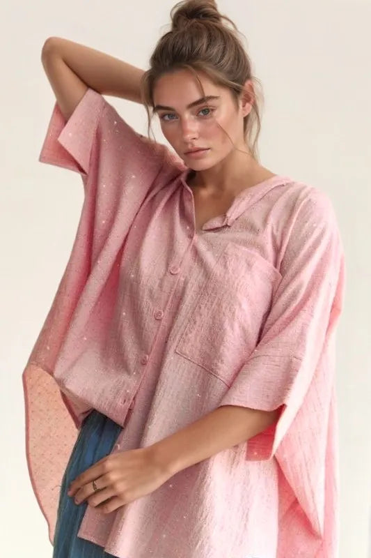 Pink Rhinestone Pleat Back Short Sleeve Loose Fit Shirt - Tigbul's Variety Fashion Shop