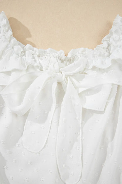 Off Shoulder Ruffle Knotted Detail Swiss Dot Blouse - Tigbul's Variety Fashion Shop