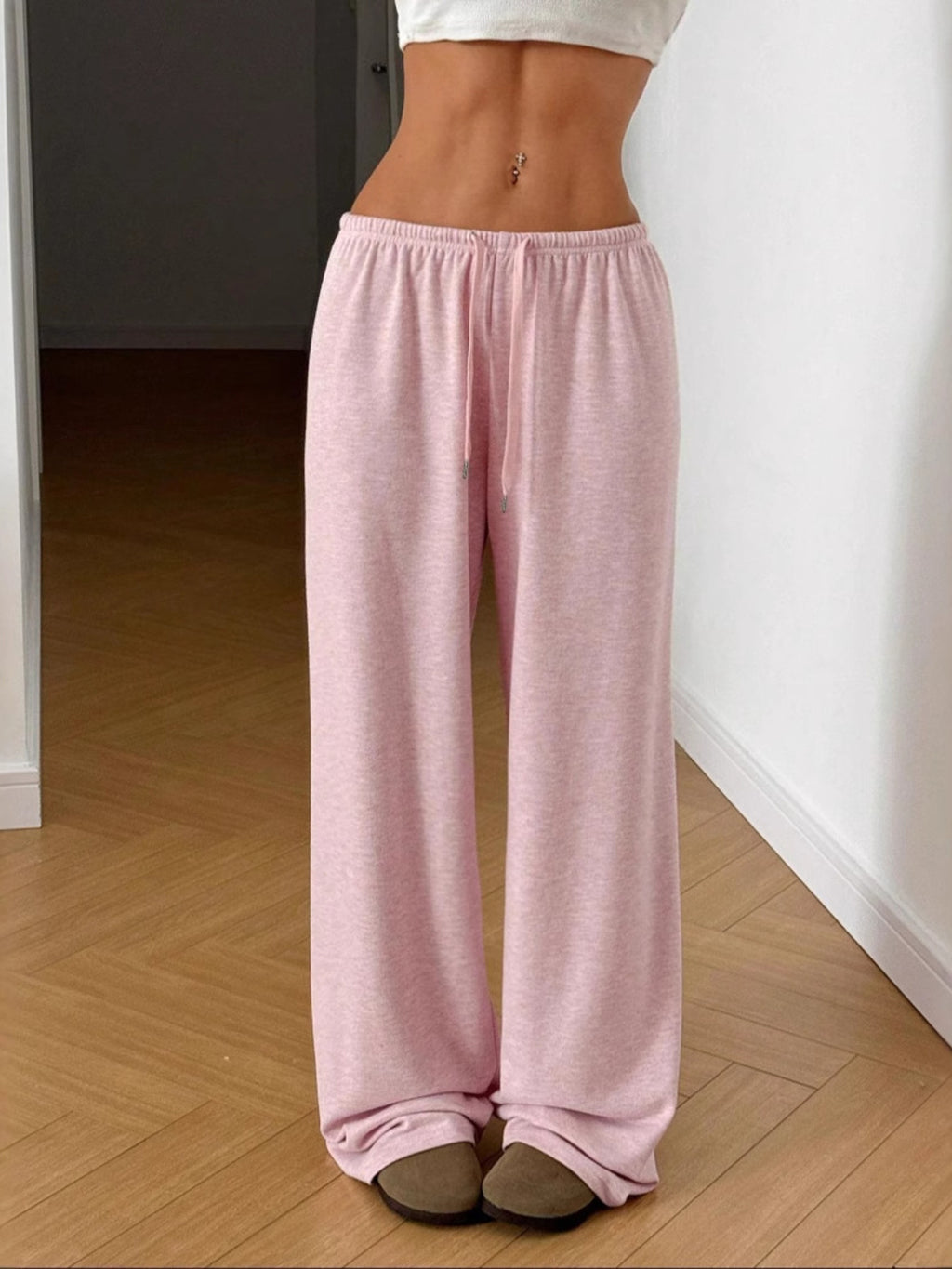 Relaxed drawstring pants, blush pink, elastic waistband and wide straight legs