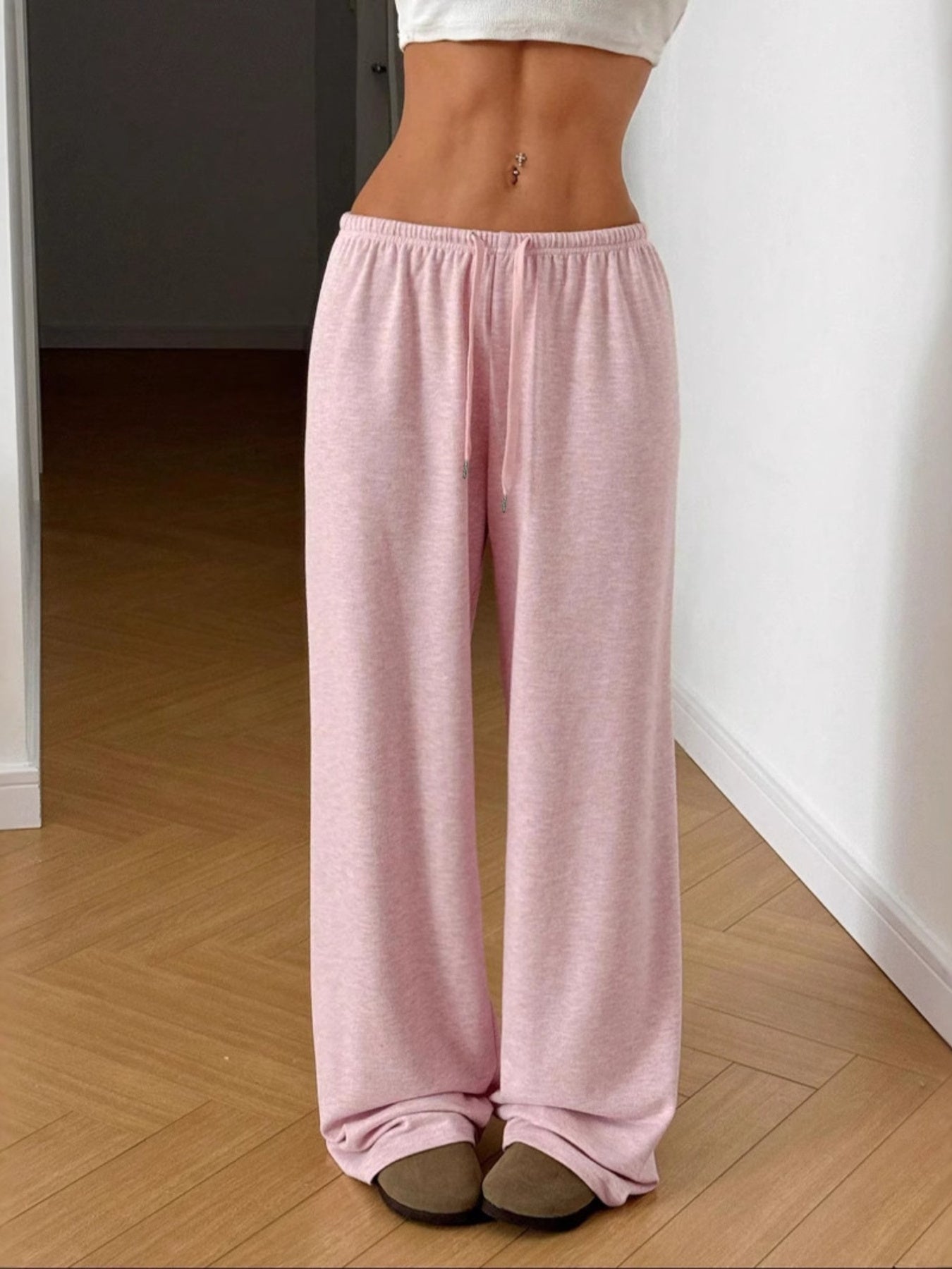 Relaxed drawstring pants, blush pink, elastic waistband and wide straight legs