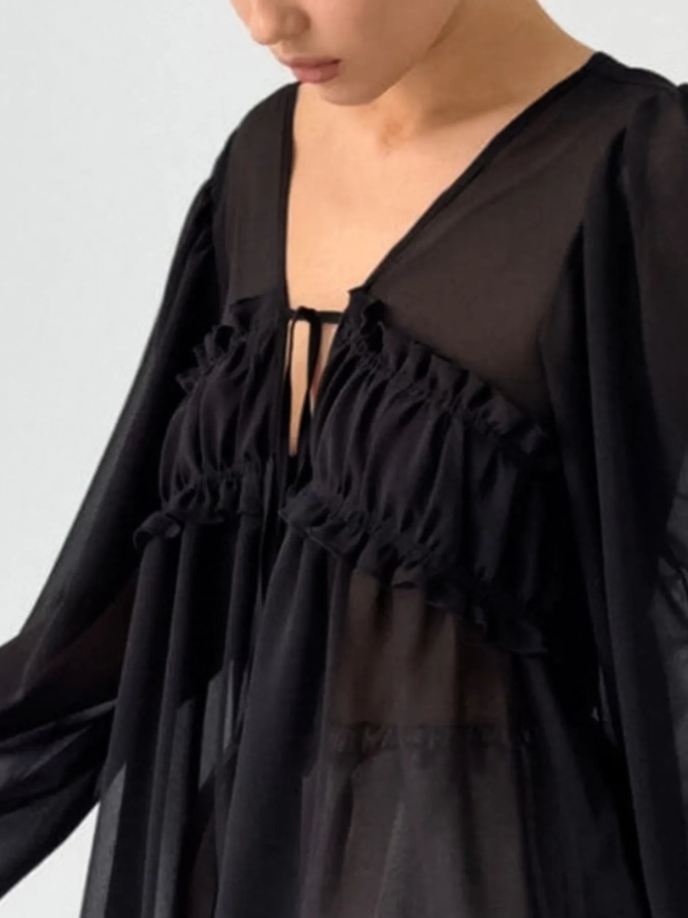 Ruffled Tie Front Long Sleeve Blouse - Tigbul's Variety Fashion Shop