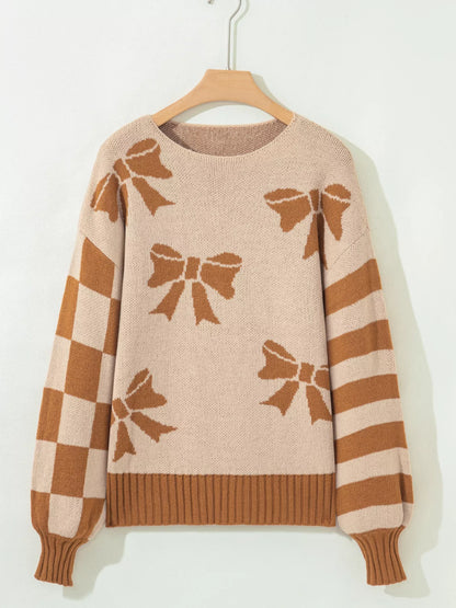 Ribbon Bow Checkered Striped Sleeve Drop Shoulder Sweater - Tigbul's Variety Fashion Shop