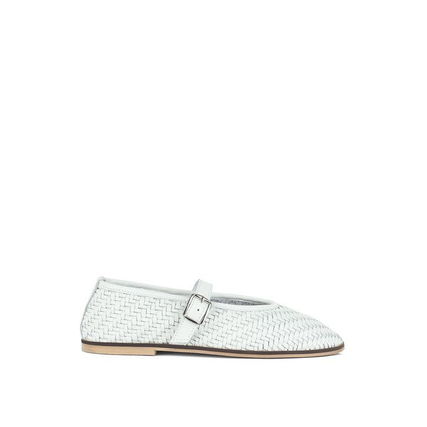 White woven leather slip-on ballerina with top buckle closure