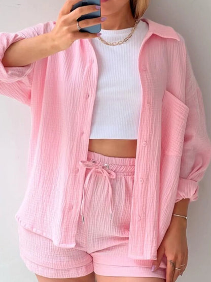 Textured Button Up Shirt and Shorts Set - Tigbul's Variety Fashion Shop