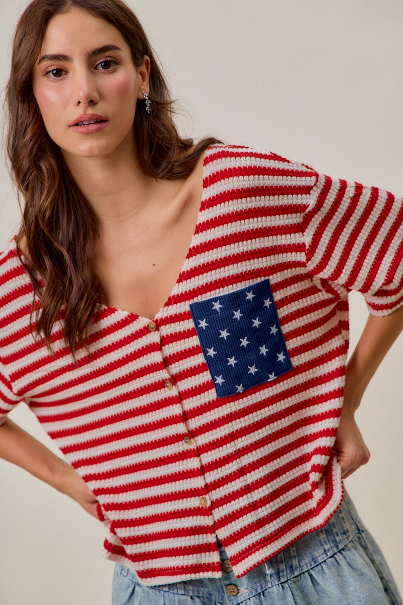 Striped cardigan top with V-neck, front buttons, and blue star patch on the chest