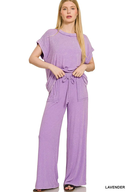 Zenana Ribbed Acid Wash Rayon Top & Pants Set - Tigbul's Variety Fashion Shop
