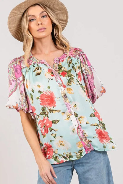 Plus Size Floral Mineral Wash Blue French Terry Button Up Shirt - Tigbul's Variety Fashion Shop