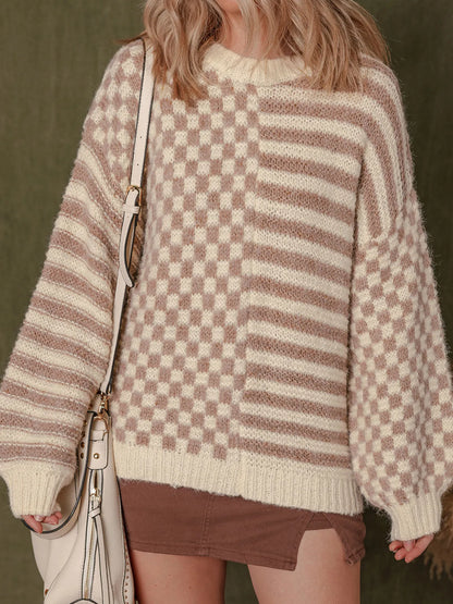 Stripe Checkerboard Drop Shoulder Balloon Sleeve Sweater - Tigbul's Variety Fashion Shop