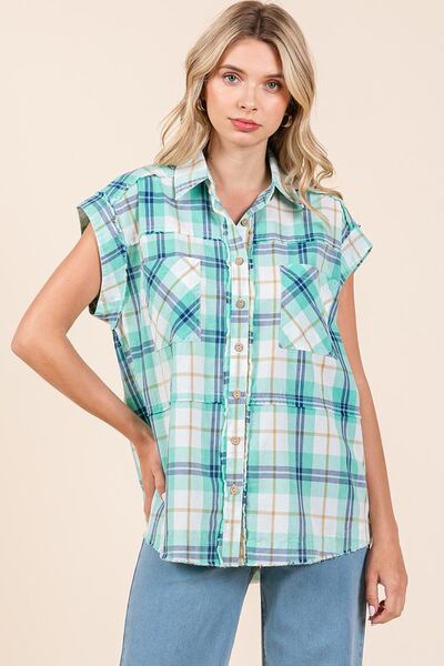 Turquoise Mineral Wash Plaid Button Down Shirt - Tigbul's Variety Fashion Shop