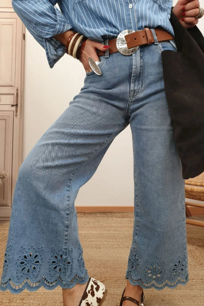 Lace Detail Cropped Wide Leg Jeans - Tigbul's Variety Fashion Shop