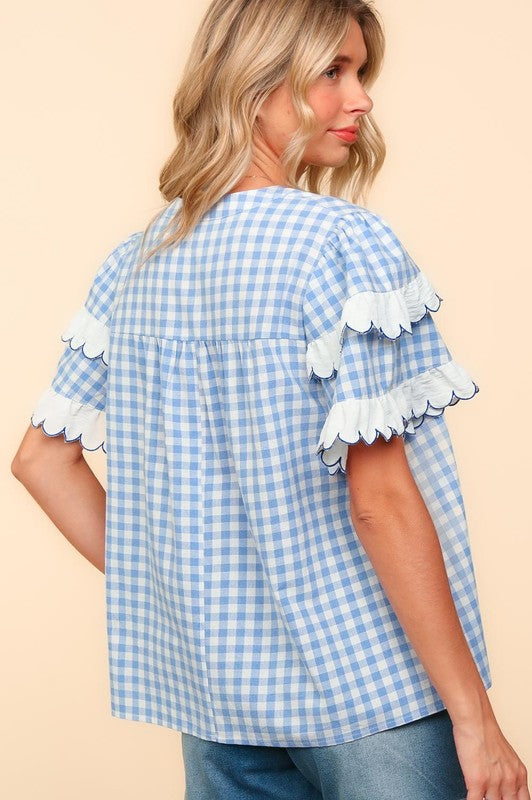 Haptics Full Size Plaid Scallop Hem Notched Short Sleeve Blouse - Tigbul's Variety Fashion Shop