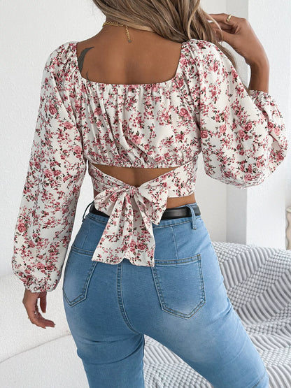 Floral Balloon Sleeve Square Neck Crop Blouse - Tigbul's Variety Fashion Shop